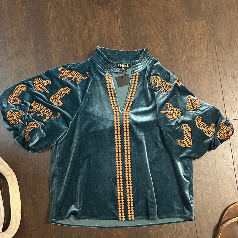 THML Teal Velvet Blouse with Animal Print Details